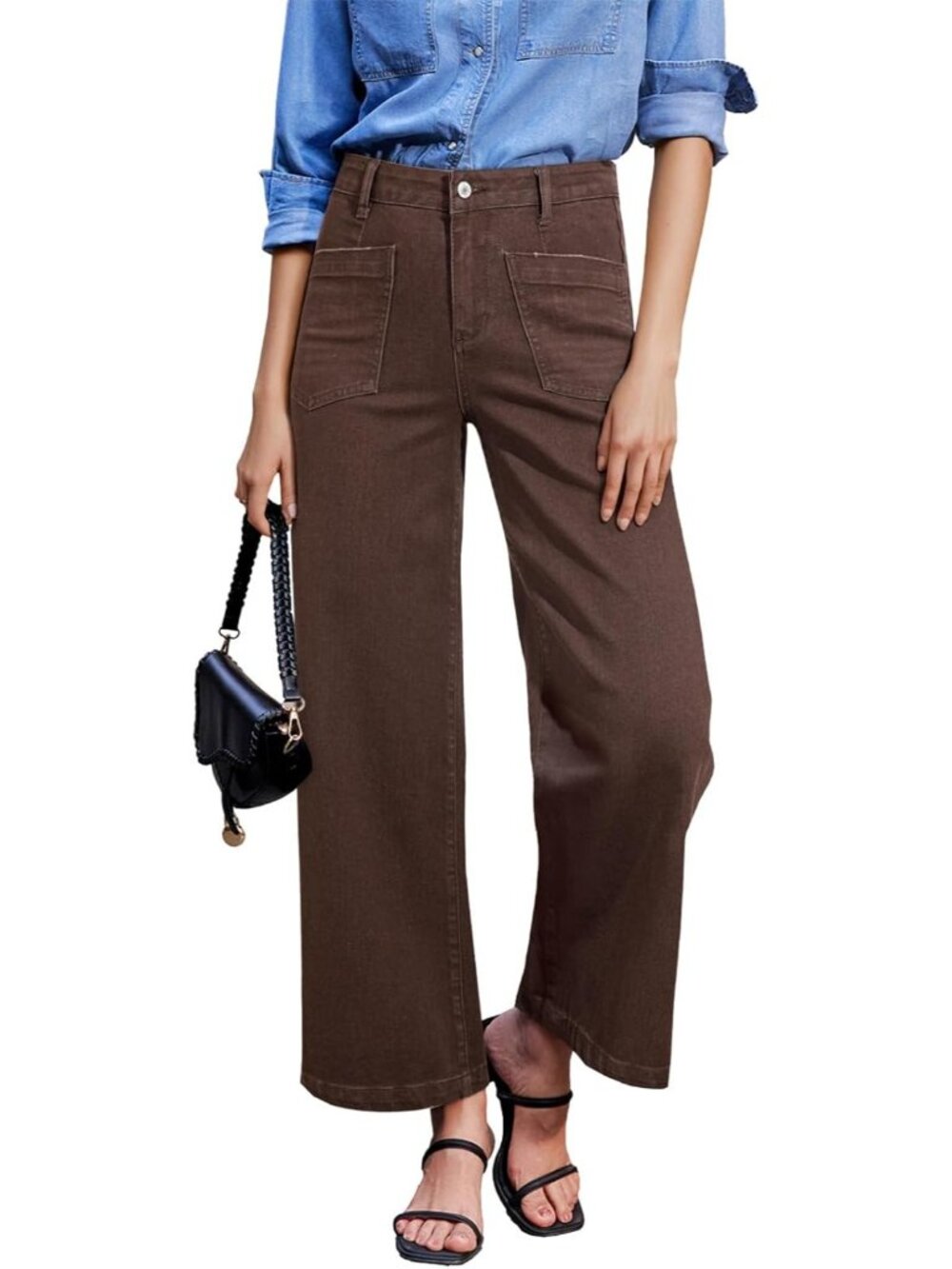 Women's Coffee Wide Leg Jeans High Waisted Stretchy Stylish Ankle Denim Pant